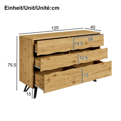 Kummut 6 sahtliga ja puiduviimistlusega metalljalgadel | E-pood Tootemaailm Puidu tooni kolm sahtliga kummut mõõtudega 120 x 40 x 75,5 cm