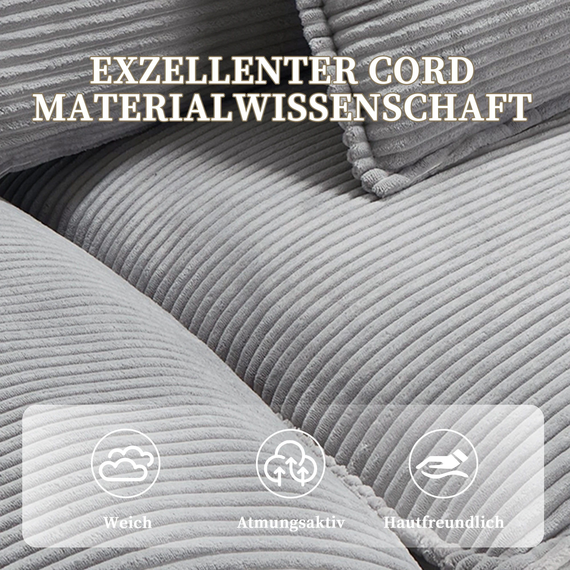Hallidest soonilisest kangast lähivõte, millel on peal tekst „exzellenter cord materialwissenschaft“ ja kolm ikooni.