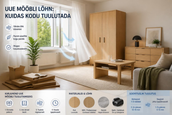 Uue mööbli lõhn: kuidas kodu tuulutada | E-pood Tootemaailm Uus mööbel avaras toas avatud akna juures