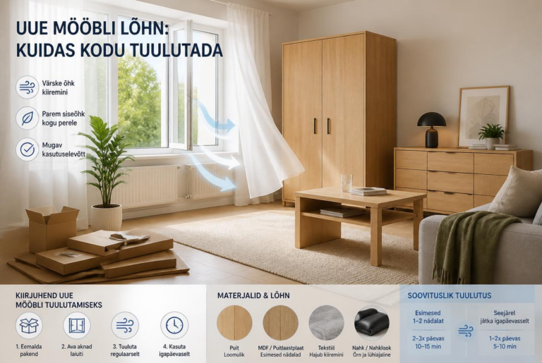 Uue mööbli lõhn: kuidas kodu tuulutada | E-pood Tootemaailm Uus mööbel avaras toas avatud akna juures