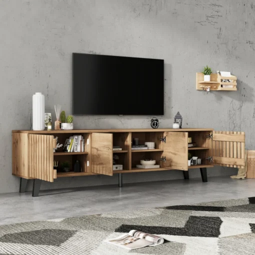 Telerialus 180 x 40 x 55 cm 8 panipaigaga 70-tollisele telerile | E-pood Tootemaailm Puidust TV-kapp avatud ustega, seinale paigaldatud teleri all, kaasaegses elutoas