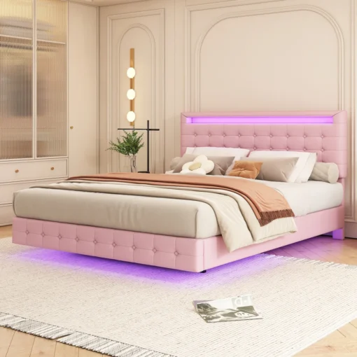 Valge või roosa voodi LED valgustuse ja reguleeritava peatoega | E-pood Tootemaailm Roosa polsterdatud voodi magamistoas, LED-valgustusega peats ja voodiraam