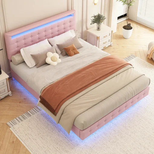 Valge või roosa voodi LED valgustuse ja reguleeritava peatoega | E-pood Tootemaailm Roosa pehme polsterdatud voodi kauni peatsiga magamistoas
