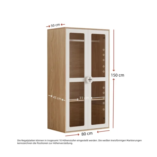 Riidekapp kummutiga ökovärvitud puitplaadist | E-pood Tootemaailm Puidutooni ja valge raamiga klaasustega kapp mõõtudega 80 × 45 × 150 cm