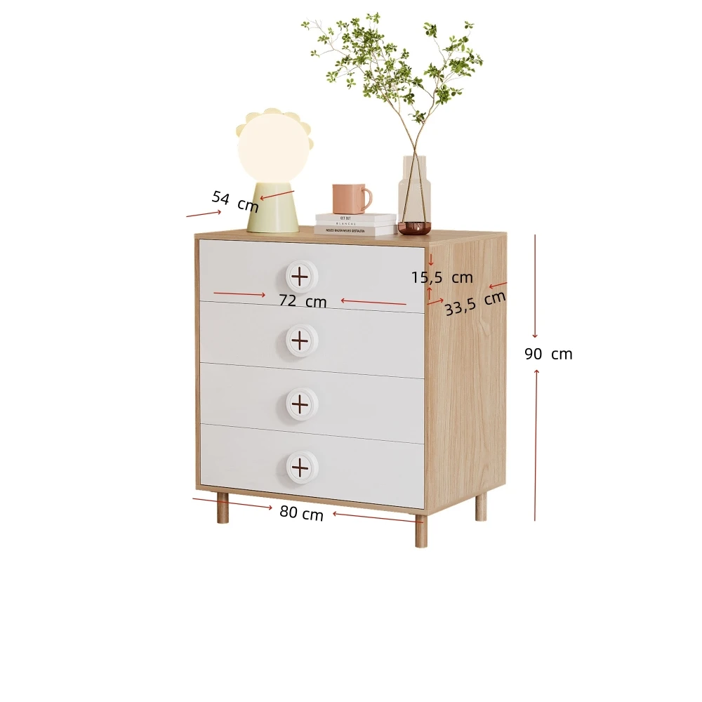 Puidust kummut nelja sahtliga, mõõtmed 80 × 90 × 33,5 cm, valge esipaneeliga
