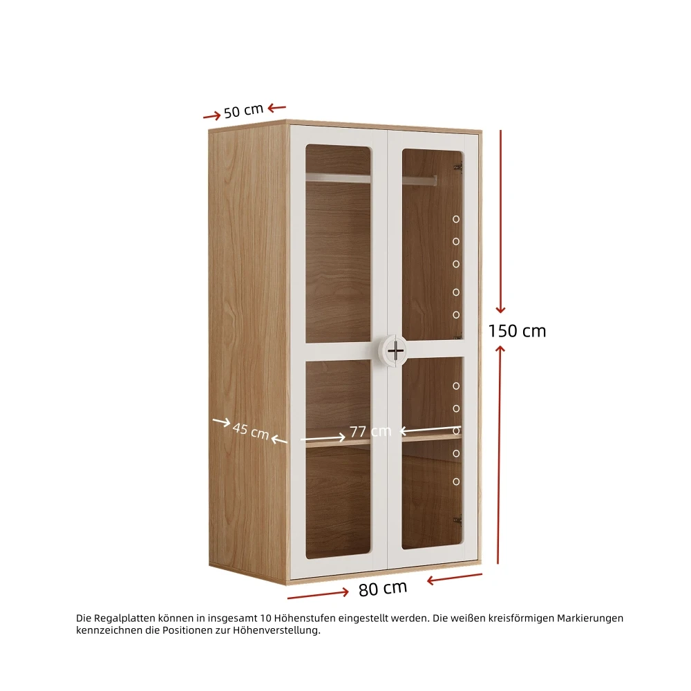 Puiduvärvi kahe klaasustega kapp mõõtudega 80 x 50 x 150 cm, valge raamiga