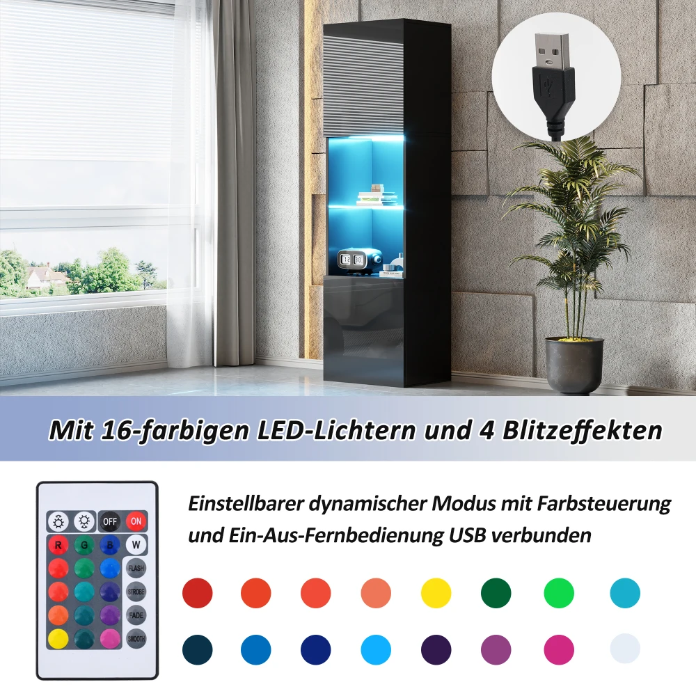 Must LED-valgustusega must vitriinkapp, sees sinine valgus ja puldi kaugjuhtimine, USB ühendus