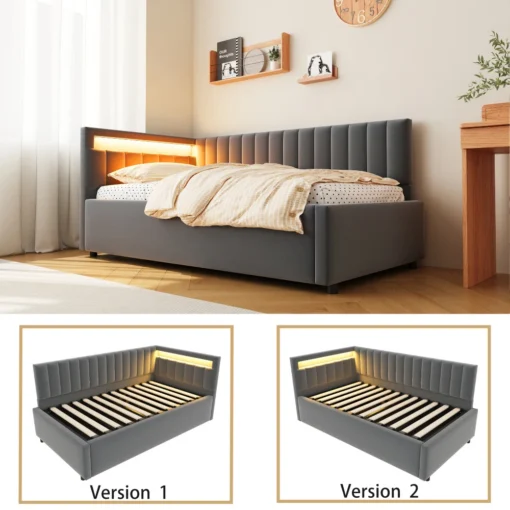 Diivanvoodid 90x200 LED-valgustuse ja panipaigaga | E-pood Tootemaailm Hallikas polsterdatud voodi vertikaalse peatsi ja sisseehitatud valgustusega, all kaks voodi skeemivaadet