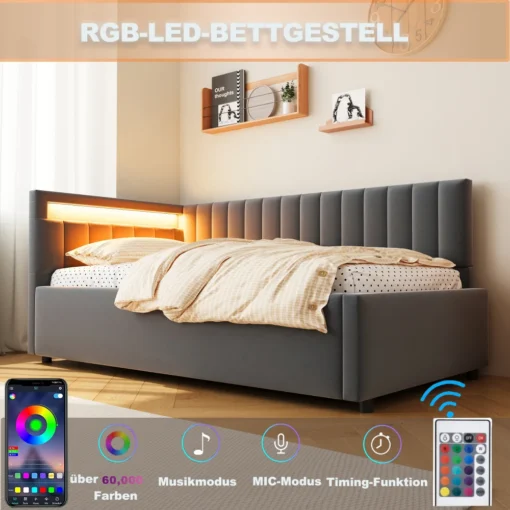 Diivanvoodid 90x200 LED-valgustuse ja panipaigaga | E-pood Tootemaailm Hall LED-valgustusega ja peatsisse ehitatud RGB-LED-voodi magamistoas
