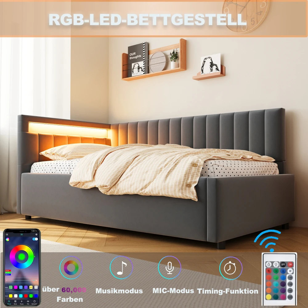 Hall LED-voodiraam integreeritud valgustusega, nutirakenduse ja puldiga juhitav