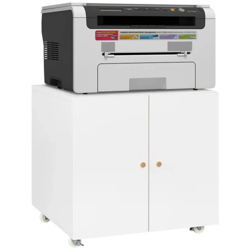 Ratastel metallist printerialus kapiga ja reguleeritava riiuliga | E-pood Tootemaailm Valge ratastel kapp, millel on peal kompaktne multifunktsionaalne printer