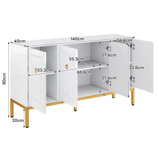 Puhvetkapp kõrgläikega kuldsete käepidemete ja jalgadega | E-pood Tootemaailm Valge kolme uksega kapp mõõtudega 140 cm x 40 cm, metalljalgadel ja kahe riiuliga