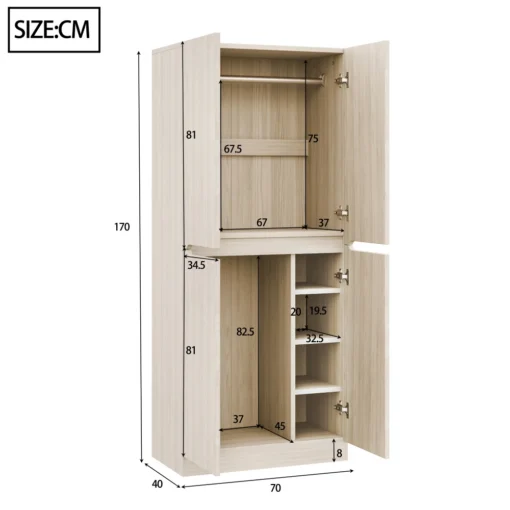 Riidekapp kahe uksega, 70 × 40 × 170 cm | E-pood Tootemaailm Hele puitviimistlusega kaheosaline riidekapp mõõtudega 170 x 70 x 40 cm, avatud uste ja sisemiste riiulitega