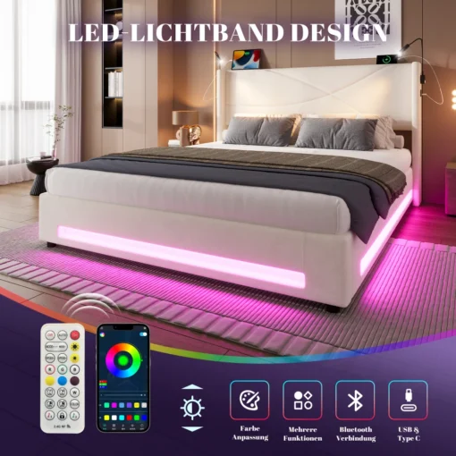 Voodi160 x 200 cm LED-valgustuse, USB-pesade ja panipaigaga | E-pood Tootemaailm LED-valgusriba kaheinimesevoodi all ja ümber, puldi ning nutitelefoni juhtimisega