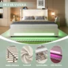 Voodi160 x 200 cm LED-valgustuse, USB-pesade ja panipaigaga | E-pood Tootemaailm Heledast kangaga voodi LED-valgusribaga, sahtlitega hoiuruum ja puidust alusruudustikuga detailvaated