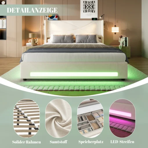 Voodi160 x 200 cm LED-valgustuse, USB-pesade ja panipaigaga | E-pood Tootemaailm Heledast kangaga voodi LED-valgusribaga, sahtlitega hoiuruum ja puidust alusruudustikuga detailvaated