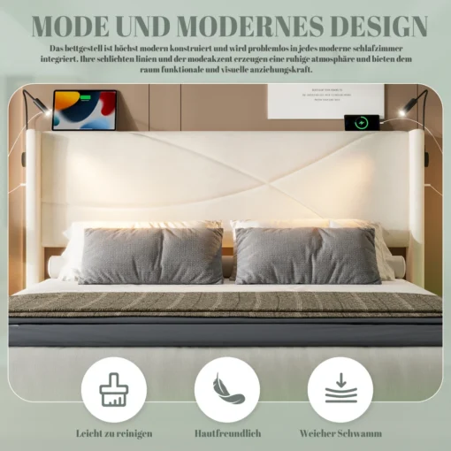 Voodi160 x 200 cm LED-valgustuse, USB-pesade ja panipaigaga | E-pood Tootemaailm Kaasaegne valge peatsiga voodi hallide patjadega magamistoas