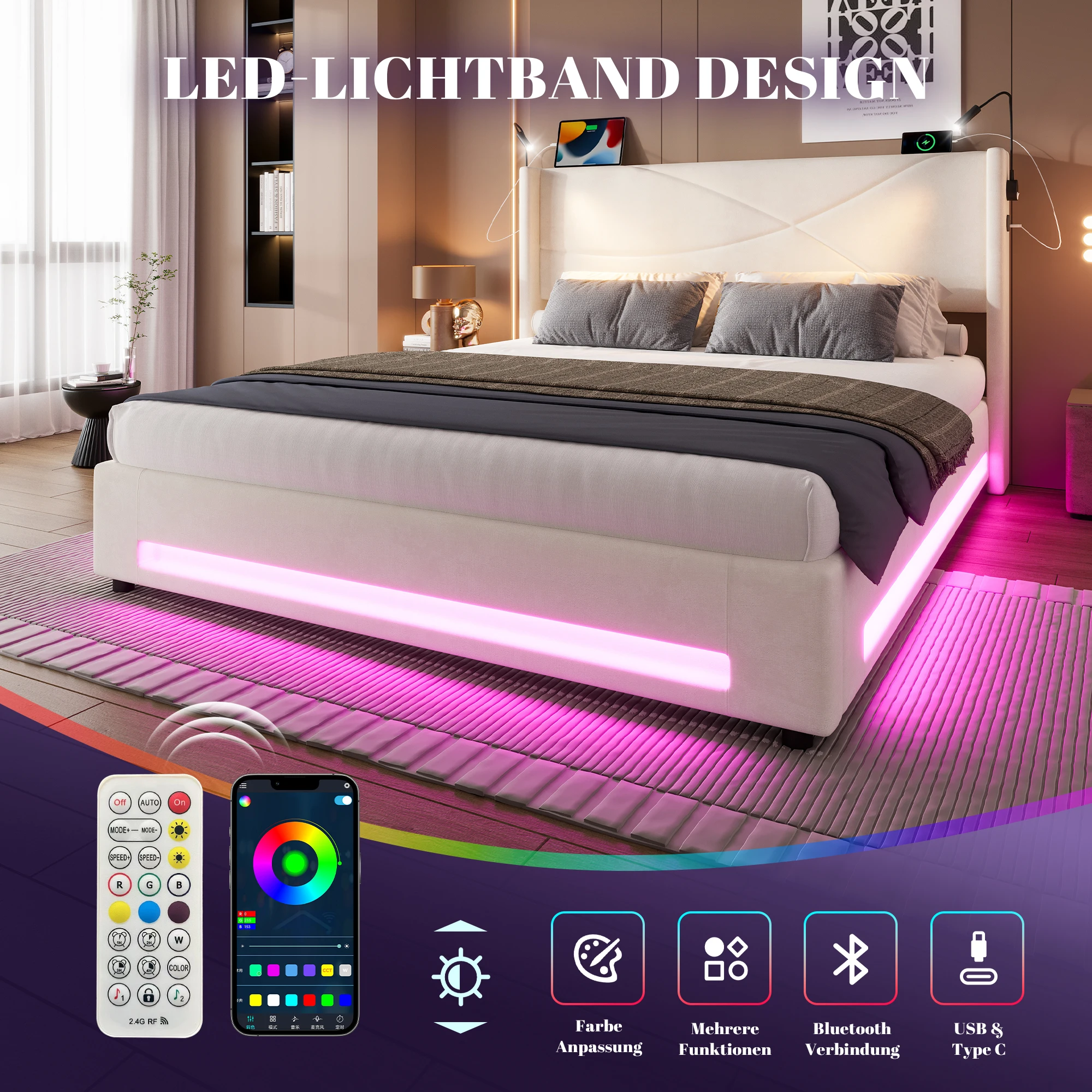 LED-valgustusega voodi moodsa magamistoa interjööris, allosas kaugjuhtimispult ja nutitelefoni äpp