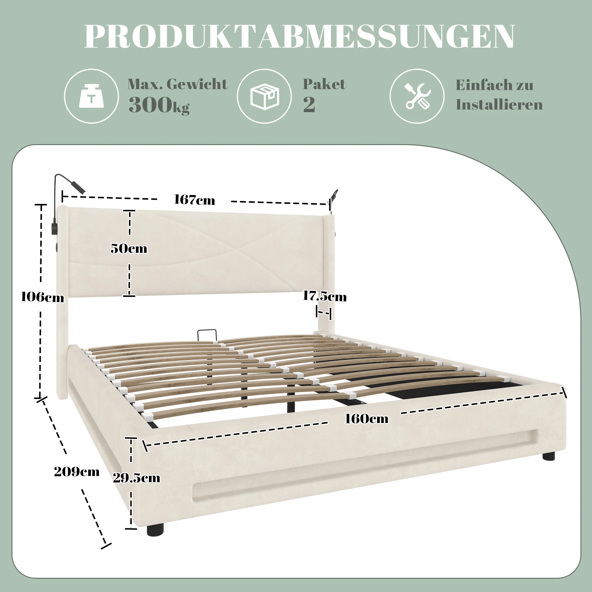 Polsterdatud voodi mõõtudega 160x209 cm, peatoe kõrgus 106 cm ja magamispinna laius 160 cm