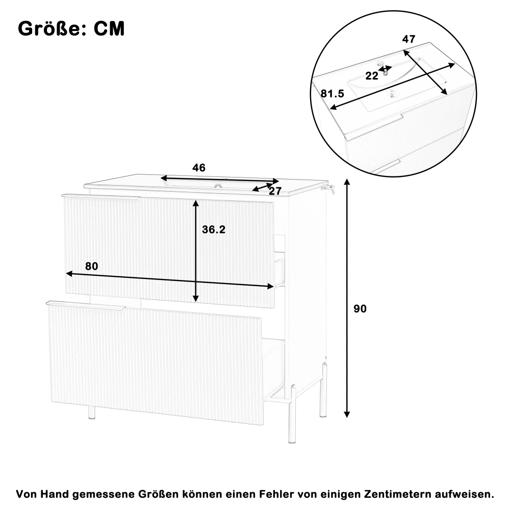 Valge mööbli mõõtjoonis sentimeetrites, märgitud kõrgus 90 cm ja laiused 80 cm, 46 cm, 47 cm, 36,2 cm, 27 cm ning 22 cm.