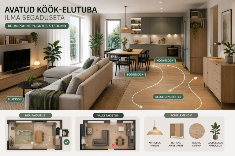 Avatud köök-elutuba ilma segaduseta | E-pood Tootemaailm Avatud köök-elutuba diivani, söögilaua ja selgete tsoonidega