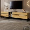 Minimalistlik tv-alus hoiukappidega | E-pood Tootemaailm Modernne puidutooni TV-kapp musta metallraamiga ja keskmise avatud riiuliga elutoas