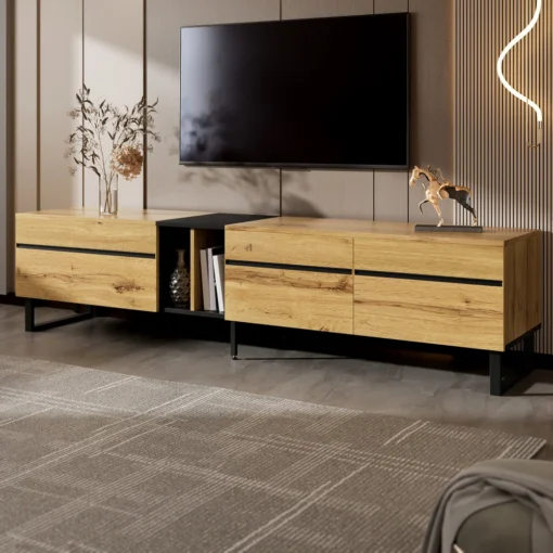 Minimalistlik tv-alus hoiukappidega | E-pood Tootemaailm Modernne puidutooni TV-kapp musta metallraamiga ja keskmise avatud riiuliga elutoas