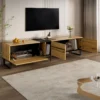 Minimalistlik tv-alus hoiukappidega | E-pood Tootemaailm Puidutooni TV-alus avatud uste ja hoiuriiulitega kaasaegses elutoas