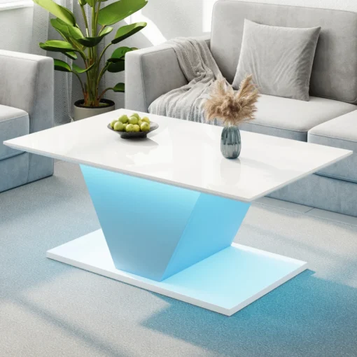 Diivanilaud LED-valgustusega 100 x 50 x 46 cm | E-pood Tootemaailm Valge läikiva plaadiga kohvilaud sinaka jalaga kaasaegses elutoas