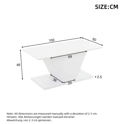 Diivanilaud LED-valgustusega 100 x 50 x 46 cm | E-pood Tootemaailm Valge laud mõõtudega 100 × 50 cm, kõrgus 46 cm, jalgadega keskosa ja 2,5 cm paksune plaat