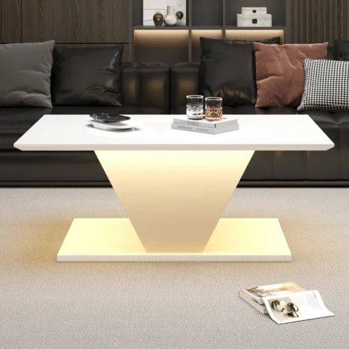 Diivanilaud LED-valgustusega 100 x 50 x 46 cm | E-pood Tootemaailm Moodne valge LED-valgustusega diivanilaud elutoas musta diivani ees