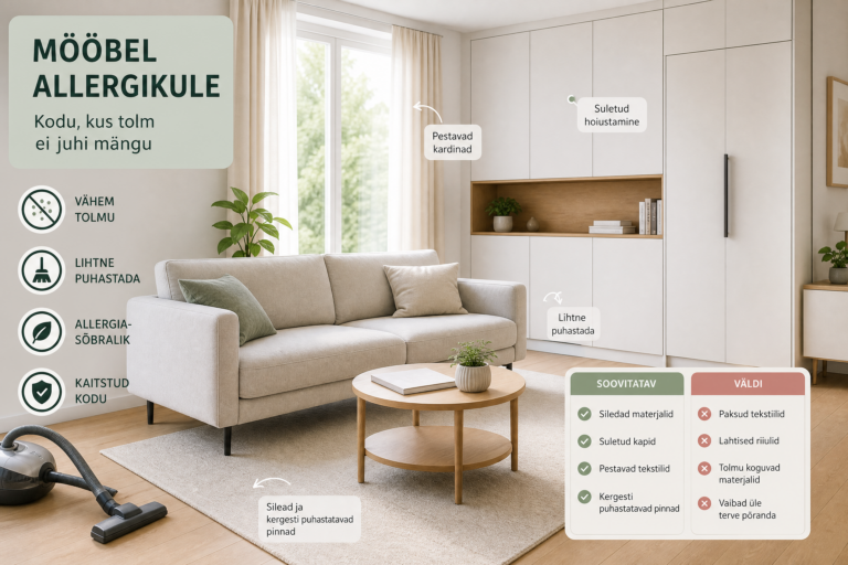 Mööbel allergikule: kodu, kus tolm ei juhi mängu | E-pood Tootemaailm Hele allergiasõbralikum elutuba lihtsa diivani ja suletud kappidega