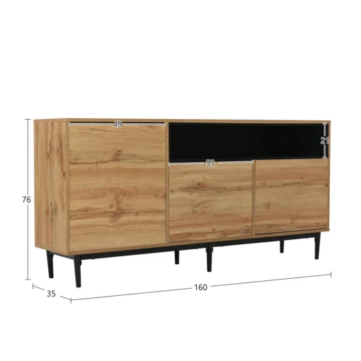 Puiduimitatsiooniga madal kapp mõõtudega 160x35x76 cm, mustade jalgadega