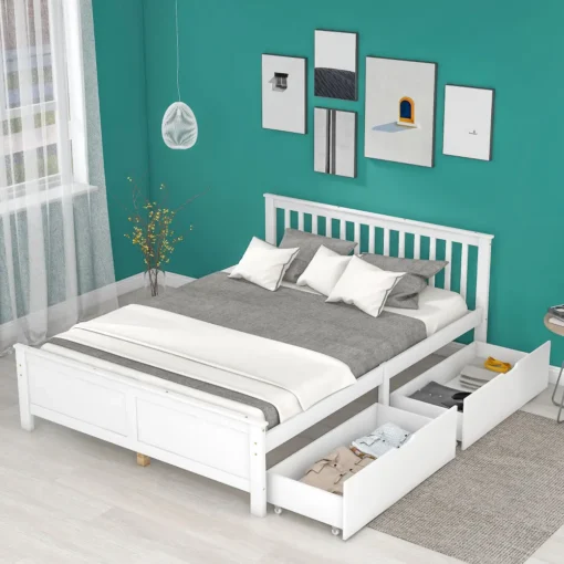 Panipaigaga voodi 140x200 cm sahtlitega | E-pood Tootemaailm Valge voodiraam sahtlitega magamistoas türkiissinise seina ees