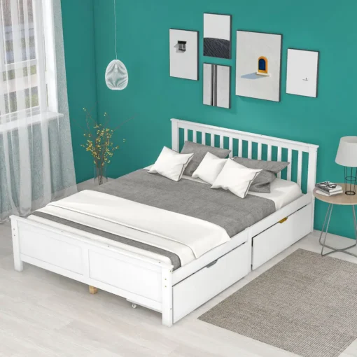 Panipaigaga voodi 140x200 cm sahtlitega | E-pood Tootemaailm Valge sahtlitega voodi halli tekstiili ja patjadega türkiissinises magamistoas