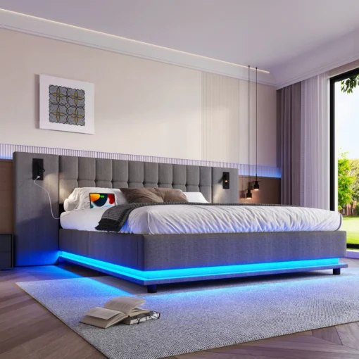 Moodne hall voodi pehme peatsiga ja sinise LED-valgustusega modernses magamistoas