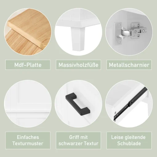 MDF-plaat, massiivpuidust jalad, metallhinged, lihtne tekstuurmuster, must käepide ja vaikselt liikuv sahtel