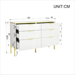Valge ja kuldsete jalgadega kummut, mõõtmetega 120 × 40 cm, sahtlite ja ustega