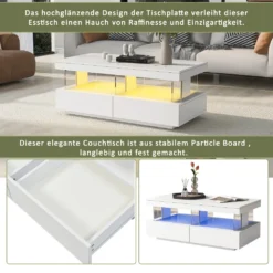 Valge läikiv LED-valgustusega diivanilaud elutoas