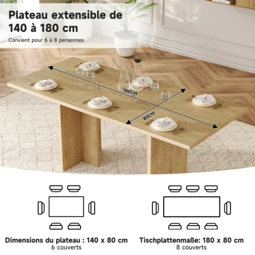 Puidust söögilaud, pikendatav lauaplaat 140–180 cm, 80 cm lai