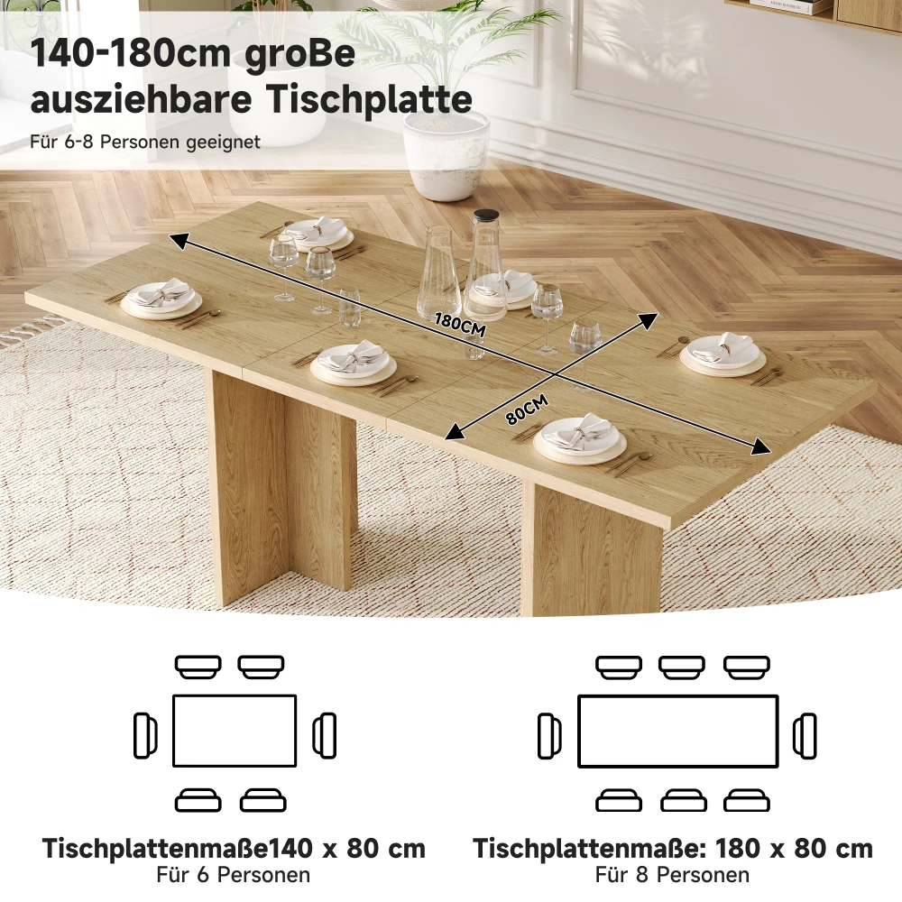 Puidust pikendatav söögilaud 140–180 x 80 cm, sobib 6–8 inimesele