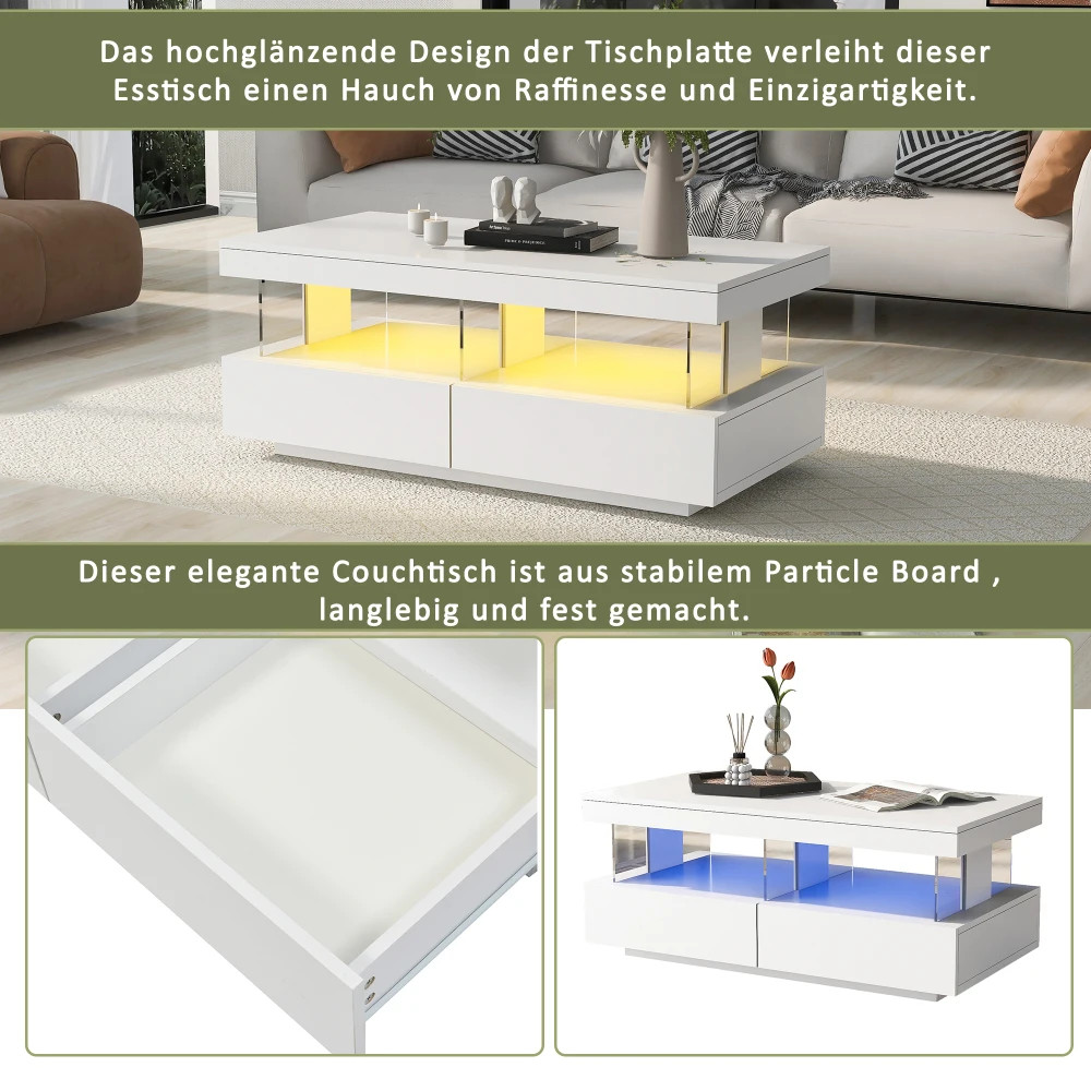 Valge LED-valgustusega kohvilaud sahtlite ja madala modernse disainiga