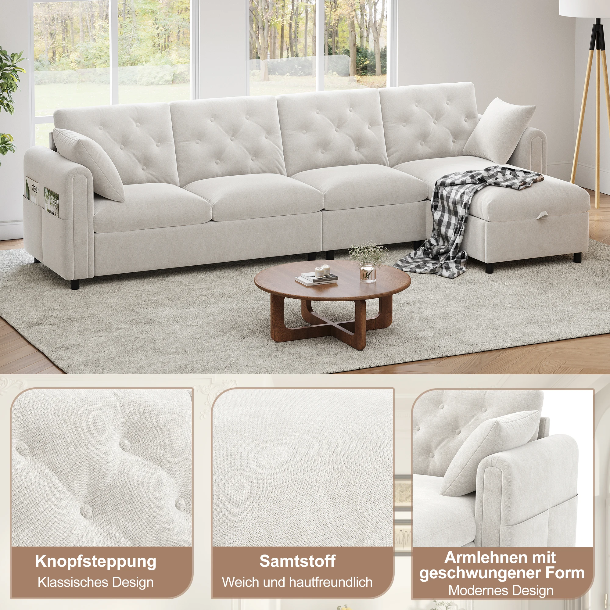 Hellbeiges Ecksofa mit Knopfsteppung, Samtstoff und geschwungenen Armlehnen im Wohnraum