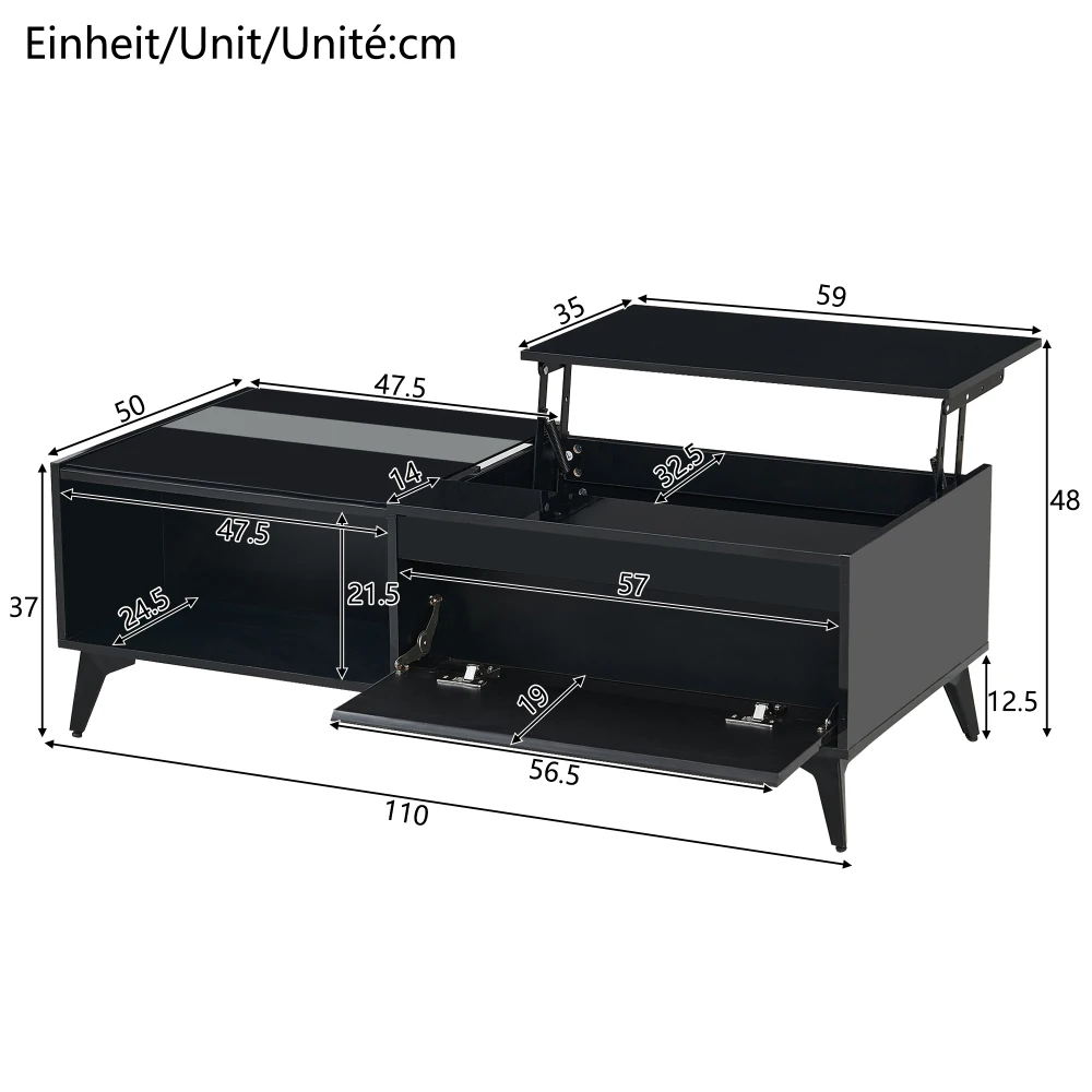 Mustast metallist kapiga telerialus mõõtudega 110 x 50 x 48 cm, avatud ja sulguvate uste ning ülestõstetava osaga
