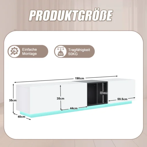 Moodne TV-alus sahtlite ja avatud riiulitega | E-pood Tootemaailm Valge madal kapp mõõtudega 190 x 40 x 35 cm, avatud musta sisuga sektsioon ja 50 kg kandevõime
