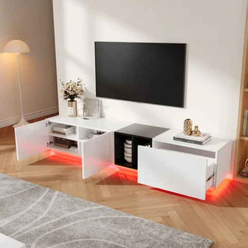 Moodne TV-alus sahtlite ja avatud riiulitega | E-pood Tootemaailm Valge ja must TV alus avatud uste ning punase LED-valgustusega elutoas
