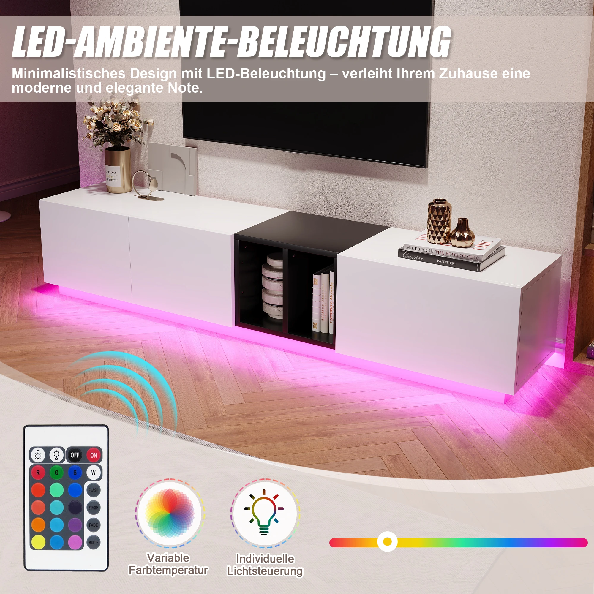 LED-ambientevalgustus TV-aluse all, roosa valgusega elutoa sisustus