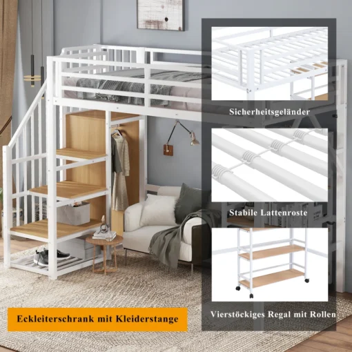 Valge pööninguvoodi integreeritud trepi, riidepuu ja riiulitega