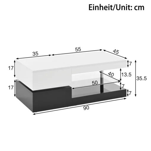 Modernne must-valge madala TV-aluse mõõtjoonis, pikkus 90 cm, kõrgus 35,5 cm