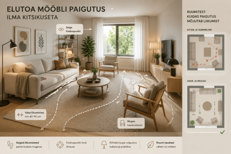 Elutoa mööbli paigutus ilma kitsikuseta | E-pood Tootemaailm Avar elutuba läbimõeldud mööbli paigutuse ja selgete liikumisteedega